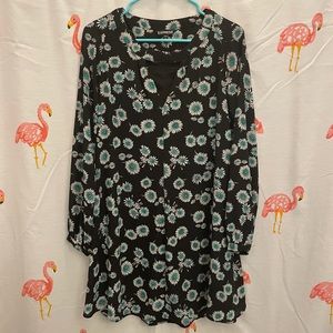 Express LS Black Dress with White & Teal Flowers